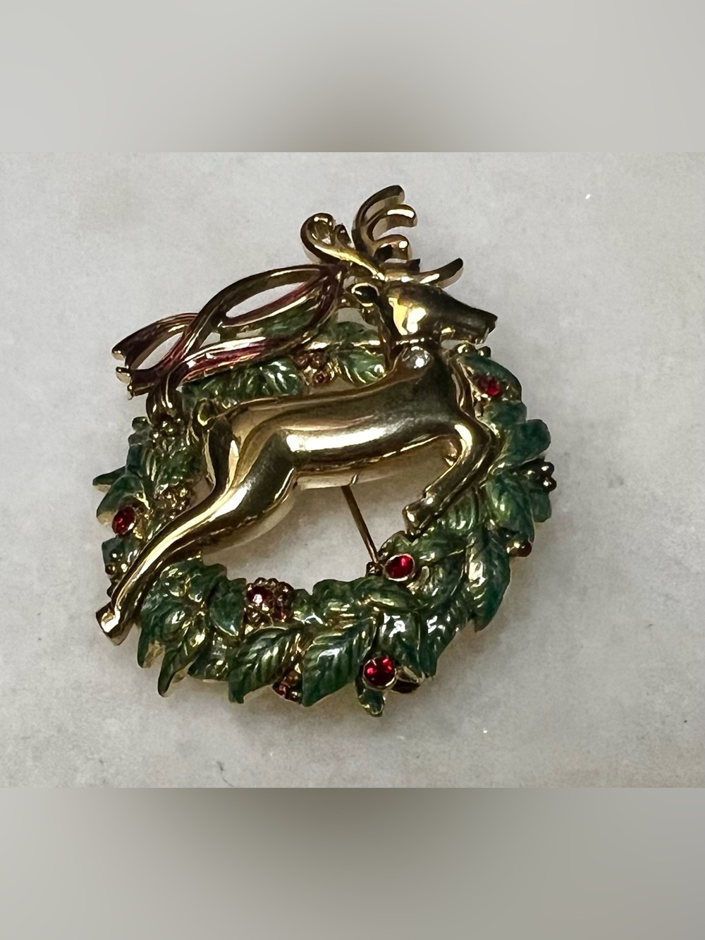 Vintage Monet Reindeer Gold Red Green Christmas Wreath Brooch Pin
